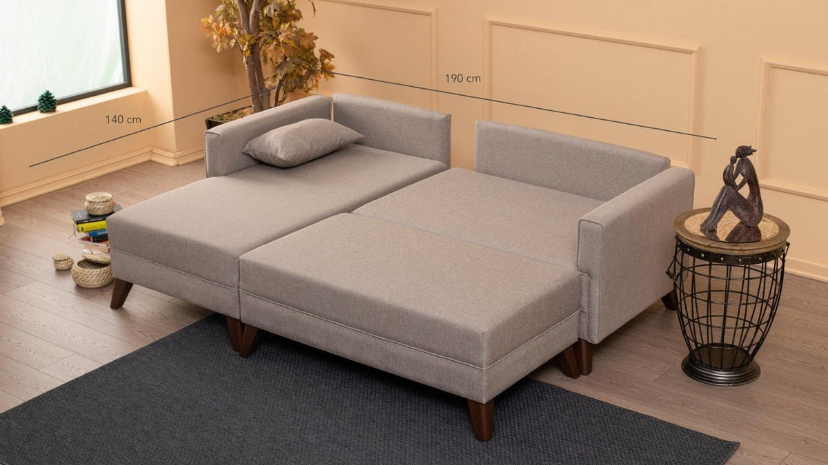 ECKSOFA mit Hocker als Schlaffläche, perfekt für kleine Räume - Walnussfarben/Creme, Holz/Kunststoff (205/140cm) - myHomelando