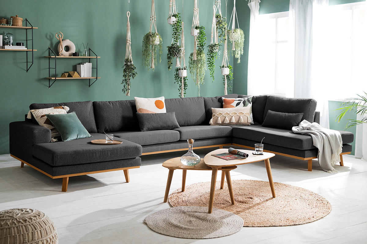 WOHNLANDSCHAFT mit Longchair - Dunkelgrau/Buchefarben, Textil (371/81/219cm) - home24