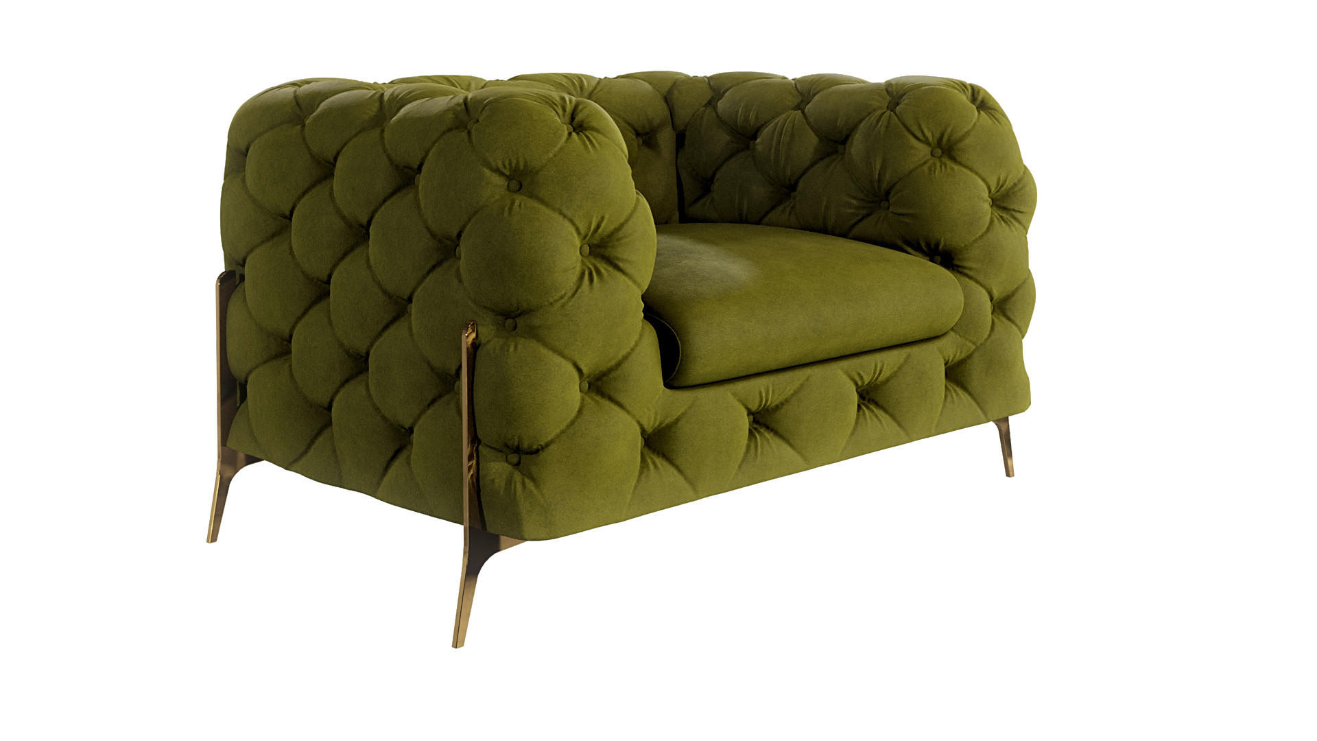 S-Style CHESTERFIELD KŘESLO Lexi z olivového sametu se zlatými nohami