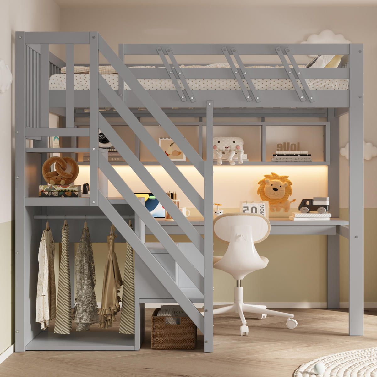 HOCHBETT Holz 90x200 cm Grau mit Schreibtisch, Stauraumtreppe, Regalen, LED und Steckdosen - Grau, Holz (90/200cm) - Modfu