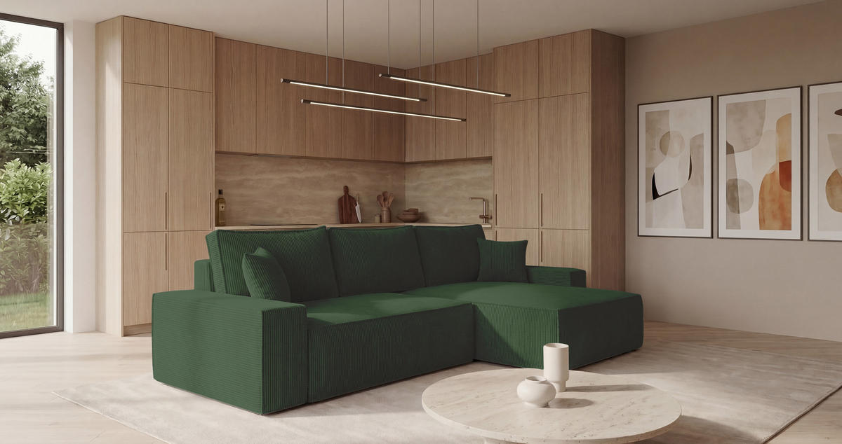 ECKSOFA California mit Schlaffunktion Grün Rechts - Grün, Textil (280/184cm) - Cornero