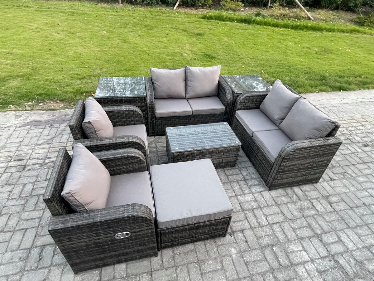 GARTENLOUNGE-SET Polyrattan Dunkelgrau 7-Sitzer - Dunkelgrau, Metall - Fimous