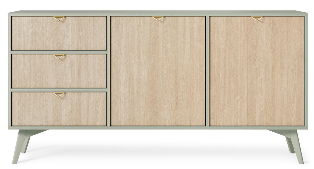 KOMMODE : Eukalyptus/Scandi-Fischgrätenmuster, Beine aus Eukalyptusholz, 158 x 80 x 38cm - Grün, Holzwerkstoff (158/80/38cm) - 3XE LIVING