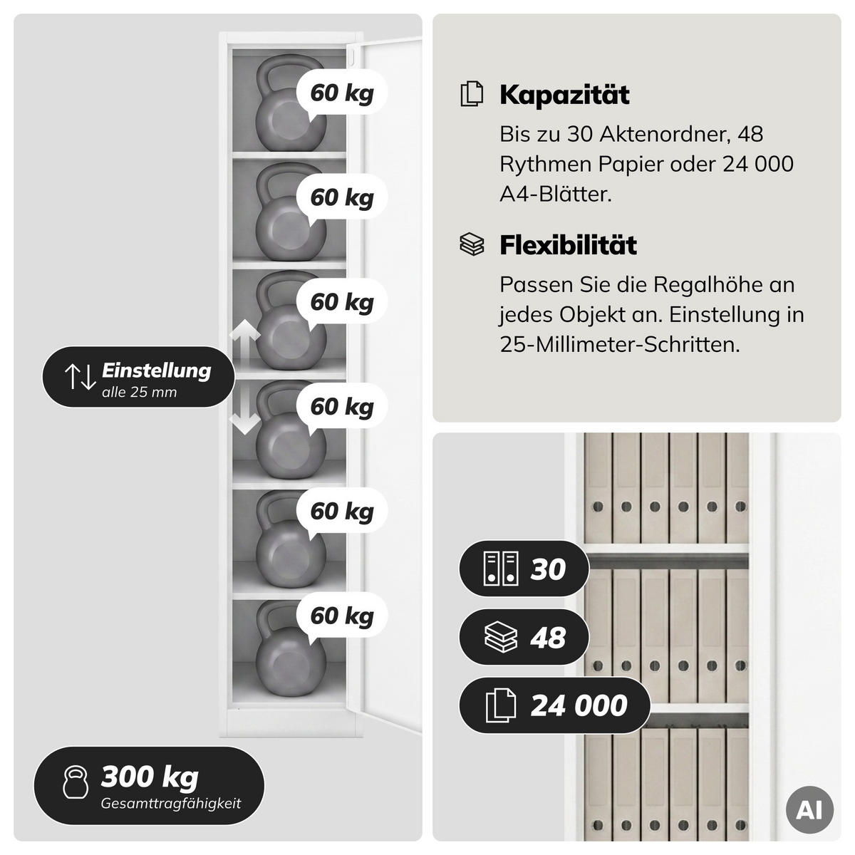 AKTENSCHRANK ALEX 220 - Weiß, Metall (45/220/40cm) - Jan Nowak