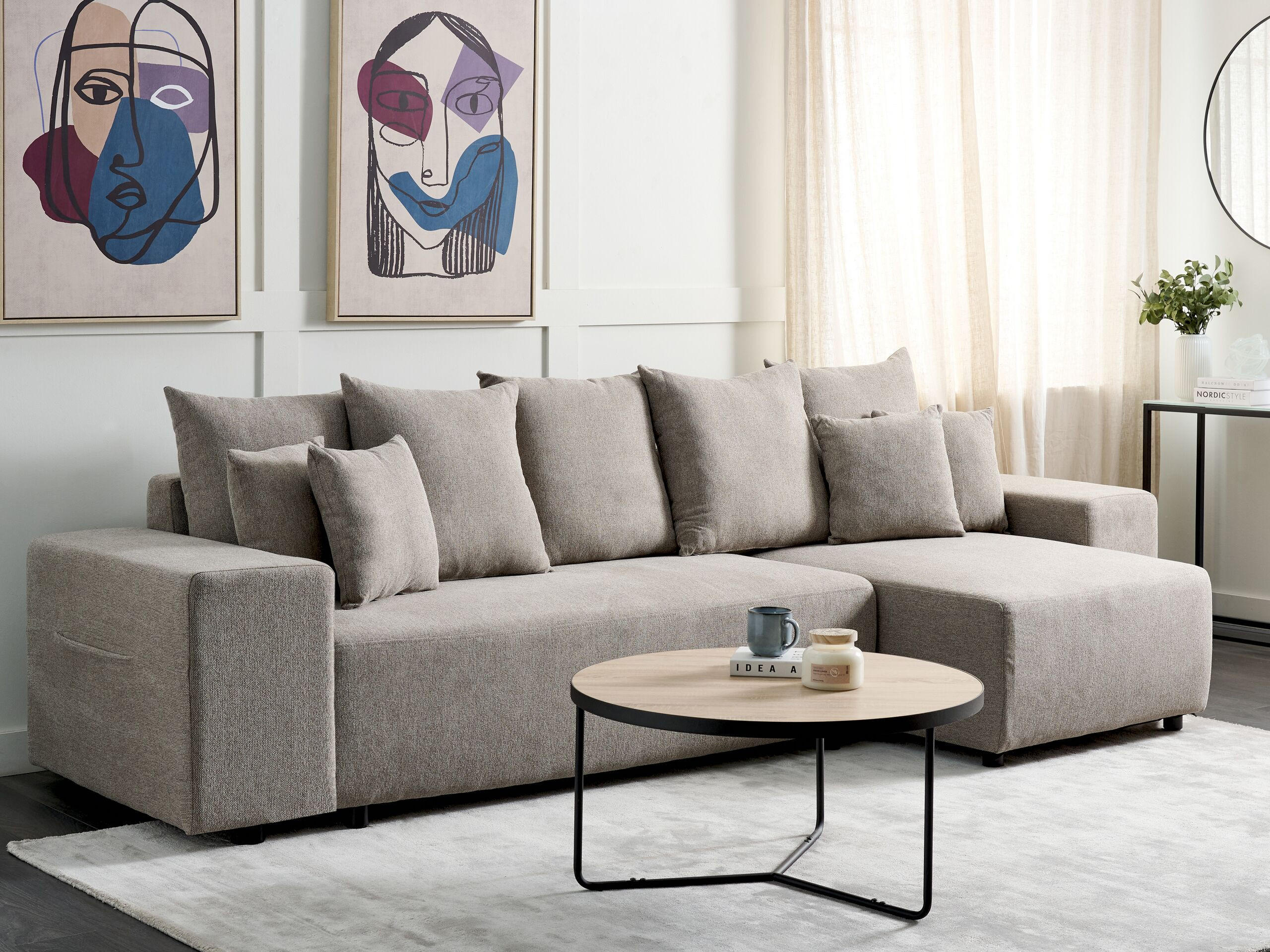 3-SITZER-ECKSOFA taupe rechtsseitig mit Schlaffunktion Stauraum Luspa - Schwarz/Braun, Textil (294/130cm) - Beliani