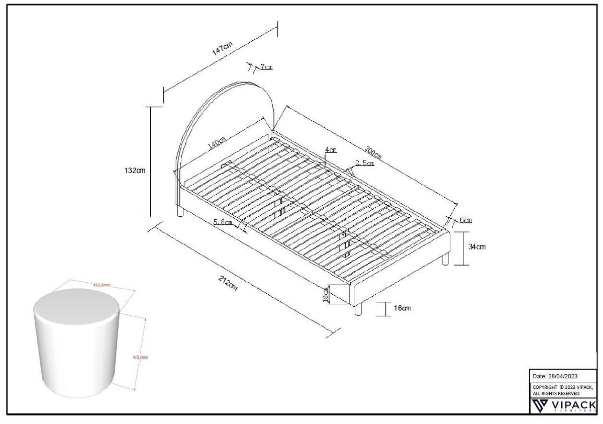 POLSTERBETT mit Hocker Karlotta 147x132x212 aus Holzwerkstoff in Rosa - Rosa, Holzwerkstoff (140/200cm) - 58aufmkessel