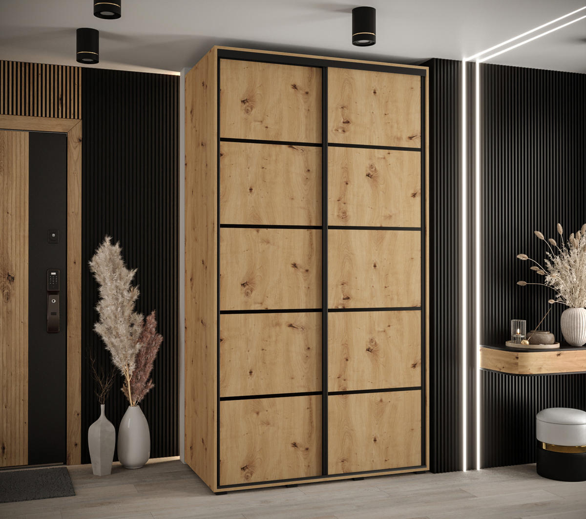 SCHWEBETÜRENSCHRANK 235,2/130/60 2-türig - Schwarz/Eiche Artisan, Holz/Metall (130/235/60cm) - Abiks Möbel