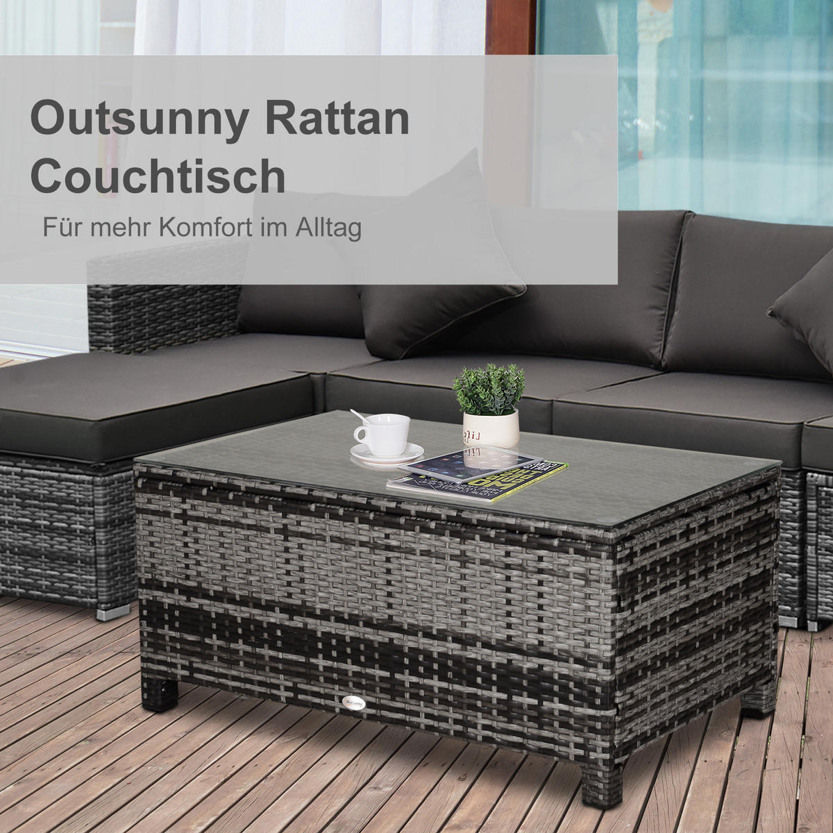 COUCHTISCH Rattan, Metall, Gehärtetes Glas, Grau - Grau, Kunststoff (85/50/39cm) - Outsunny