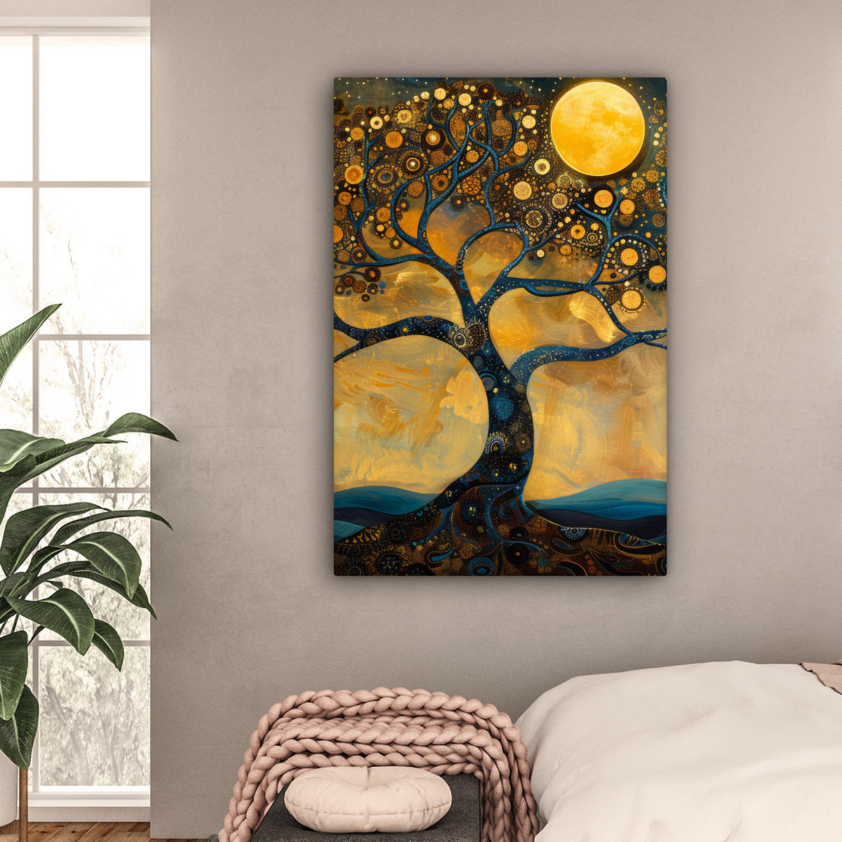 LEINWANDBILD Baum - Mond - Blumen - Gold - Kunst 80x120 cm - Orange, Textil (80/120cm) - MuchoWow
