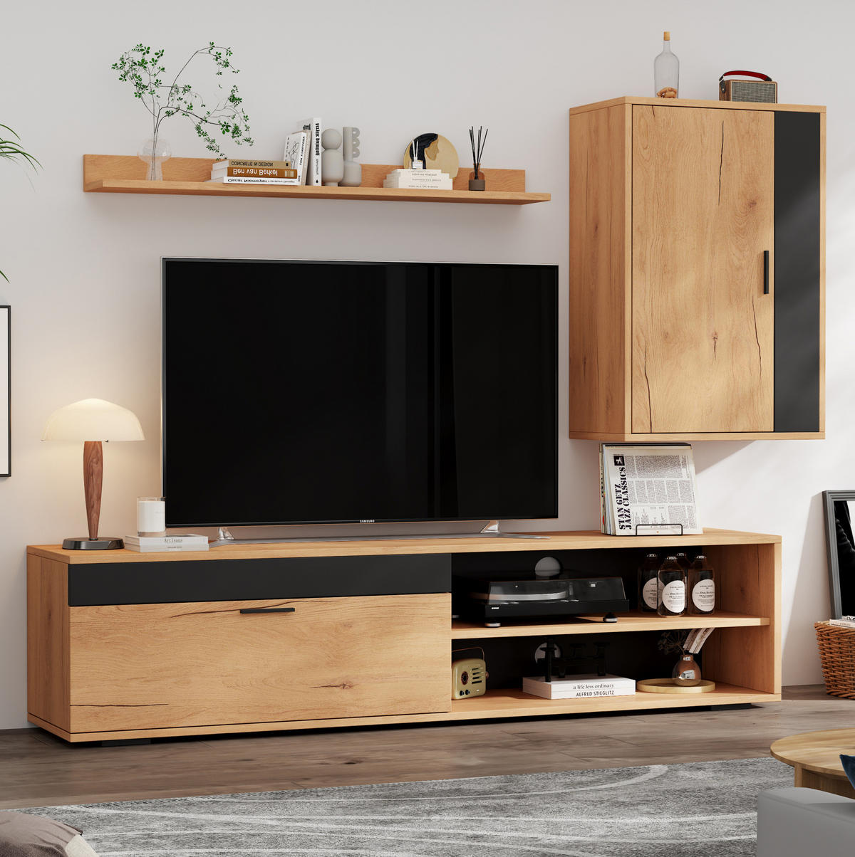 TV-WOHNWAND 3-tlg. 140 cm Eiche/Schwarz - Braun, Holzwerkstoff (35/39/140cm) - Beauniv