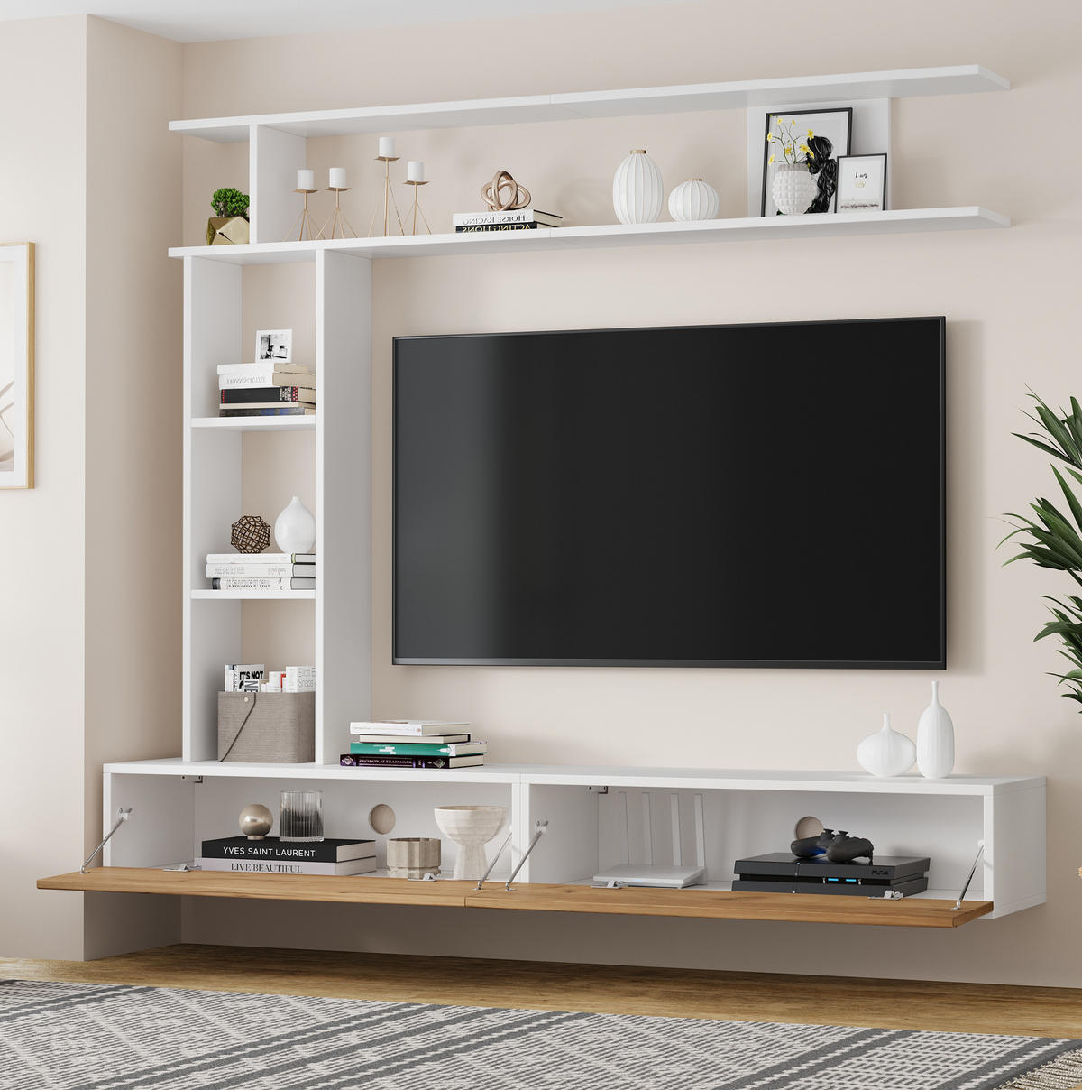 TV-WOHNWAND-SET 180/35/150 cm aus Spanplatte mit stehendem und hängendem Aufbau Weiß/Eichefarben - Weiß, Holzwerkstoff (180/150/35cm) - Modenvie