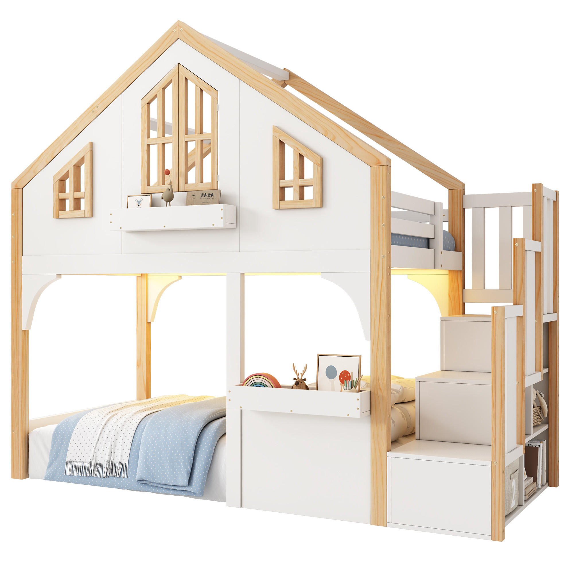 HOCHBETT aus Kiefer 90x200 cm Weiß mit LED, Stauraumtreppe und Fensterdetail - Weiß, Holzwerkstoff (90/200cm) - Modfu