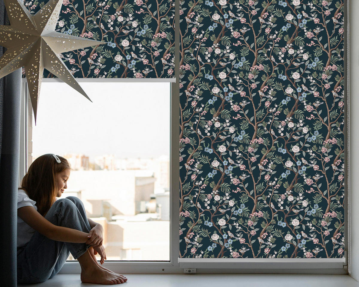 VNÚTORNÁ roleta - okenná roleta - roleta - 130x140 cm - Kvetinové viniče - tmavomodrá, plast (130/140/0.5cm) - TULUP