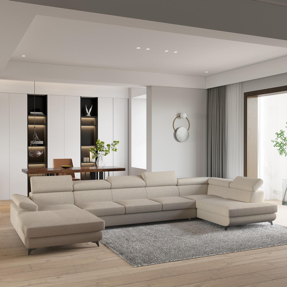 WOHNLANDSCHAFT MONTIVA Beige Boucle-Stoff mit Schlaffunktion - Beige, Holz (410/89/190cm) - MASSENO