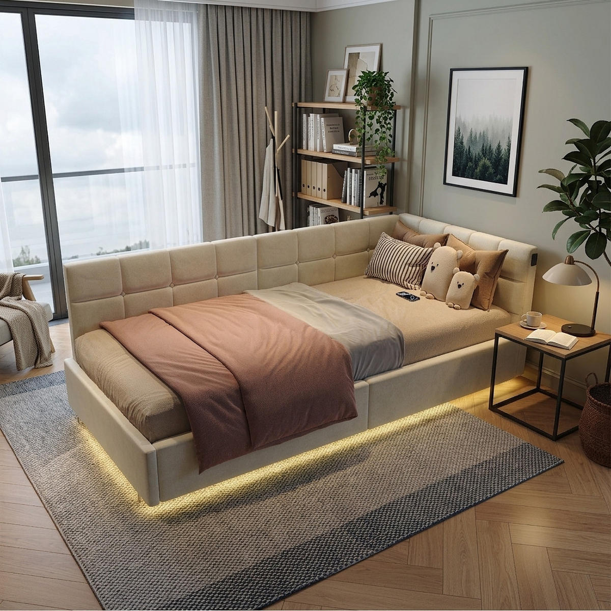 TAGESBETT 90/200 cm in Beige mit LED, Stauraum & USB-Ladestation - Beige, Holz/Metall (90/200cm) - PARAFTA HOME
