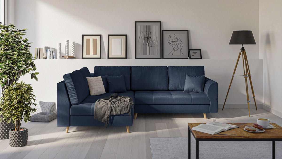 ECKSOFA MIT HOCKER Lorine Mikrofaser Dunkelblau - Hellbraun/Dunkelblau, Buchenholz/Textil (231/161cm) - S-Style Möbel