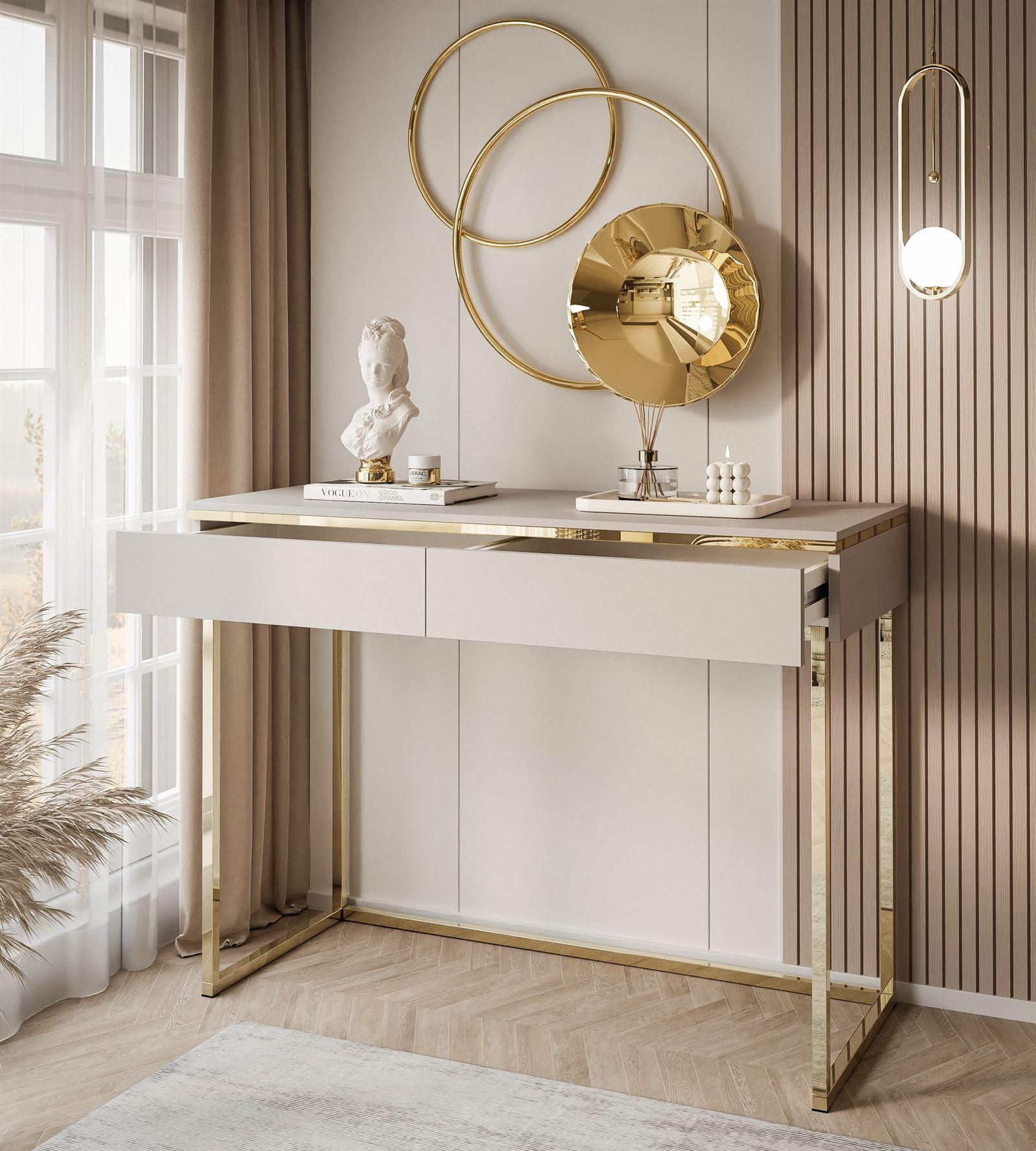 Thumbnail - Lookway Schminktisch, Kaschmir, Holzwerkstoff, Uni, 2 Schubladen, Rechteckig, 102x79x44 cm, Wohnzimmer, Wohnzimmertische...