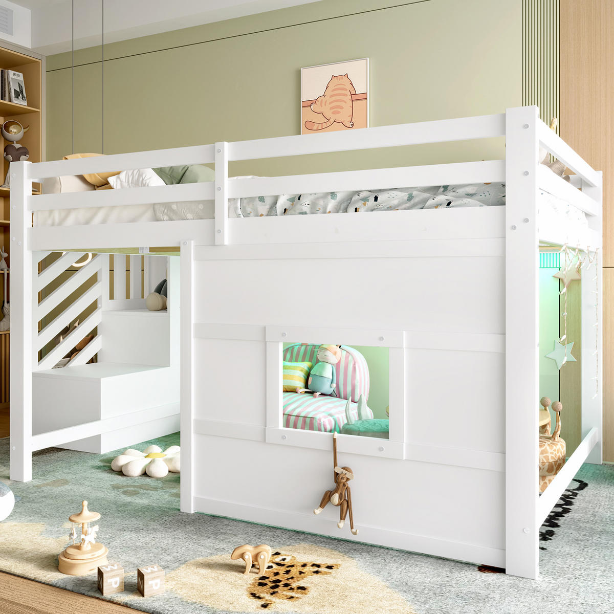 HOCHBETT 140/200 cm weiß aus MDF mit Stauraumtreppe Fenster und LED-Kopfteil - Weiß, Holzwerkstoff (140/200cm) - OKWISH