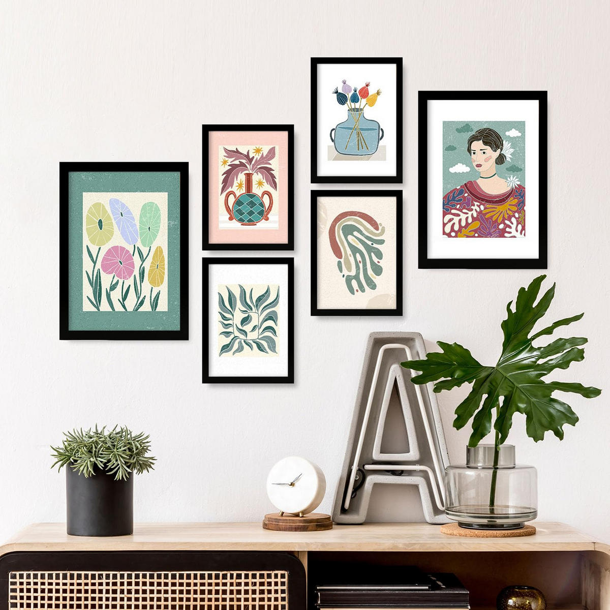 POSTER Set Mit 6 Drucken Blüten In Der Sammlung Von Ethnischenen Ästhetische Dekorative Rahmen Für Ihr Zuhause Wandkunstdruck A3 & A4 Schwarzer Rahmen - Schwarz, Papier (29/3cm) - Nacnic