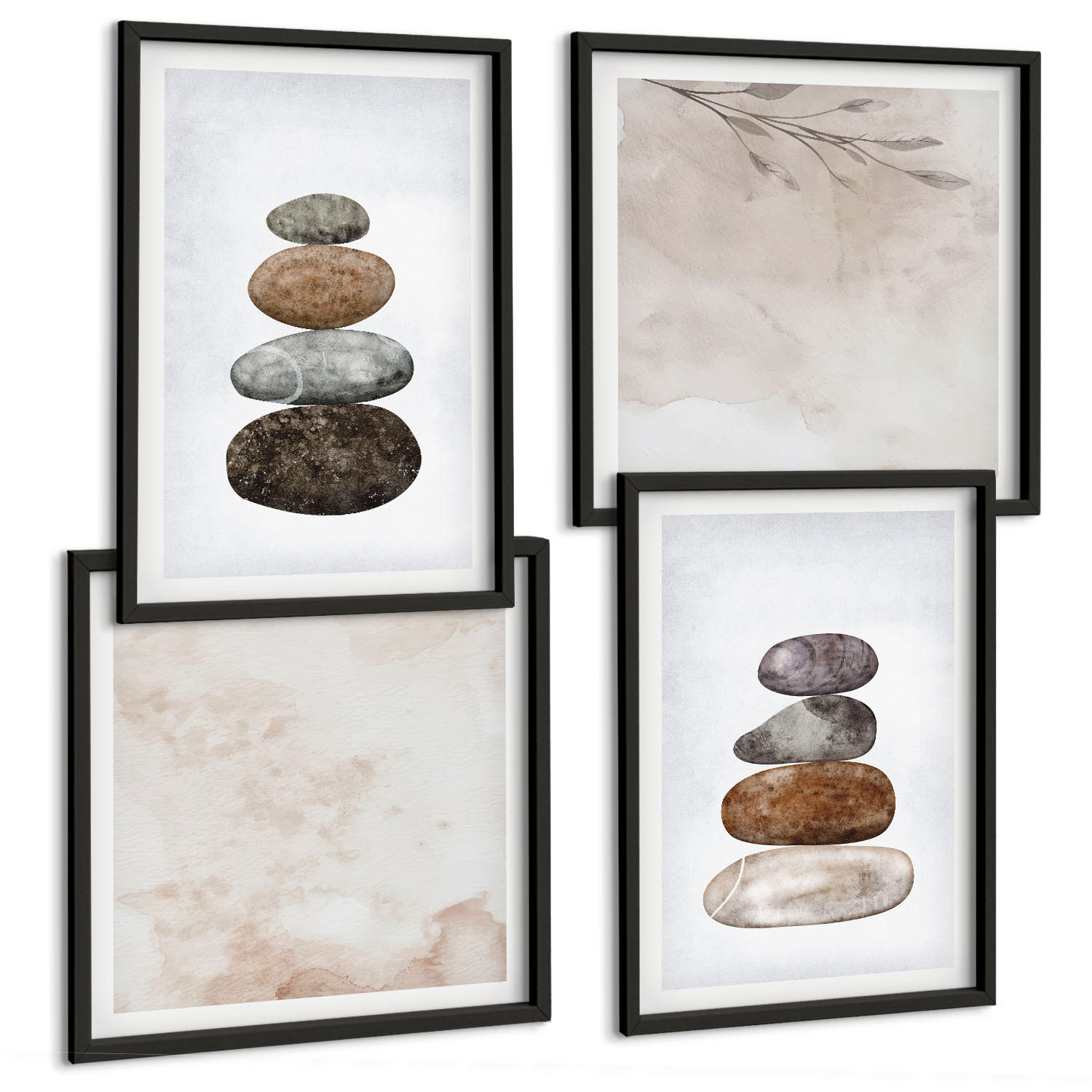 BILDER SET 4er Set - 50x50 cm & 40x60 cm Schwarzer Rahmen - Steinstapel-Boho-Malerei - Schwarz, Kunststoff (50/50cm) - TULUP