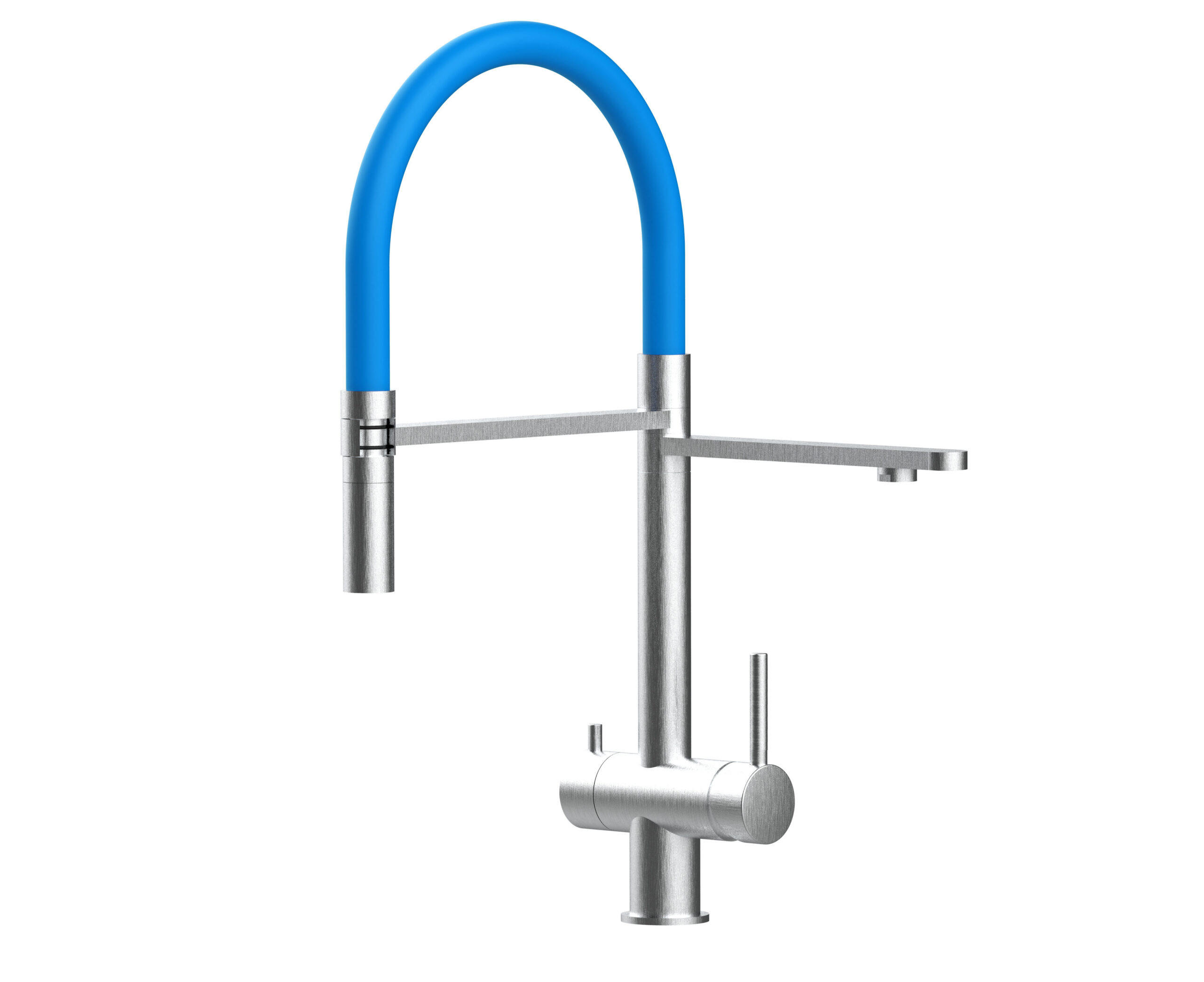 3-WEGE-KÜCHENARMATUR, Edelstahl Massiv aus Chirurgenstahl, Gebürstet und Hellblau, 2-Strahl-Brause - Hellblau, Metall (24/49/24cm) - VIZIO