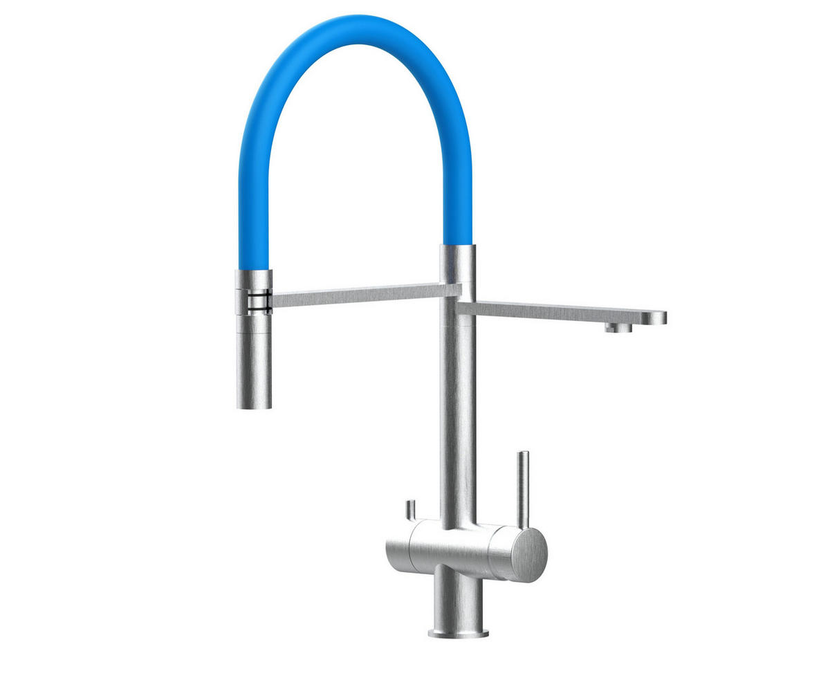 3-WEGE-KÜCHENARMATUR, Edelstahl Massiv aus Chirurgenstahl, Gebürstet und Hellblau, 2-Strahl-Brause - Hellblau, Metall (24/49/24cm) - VIZIO