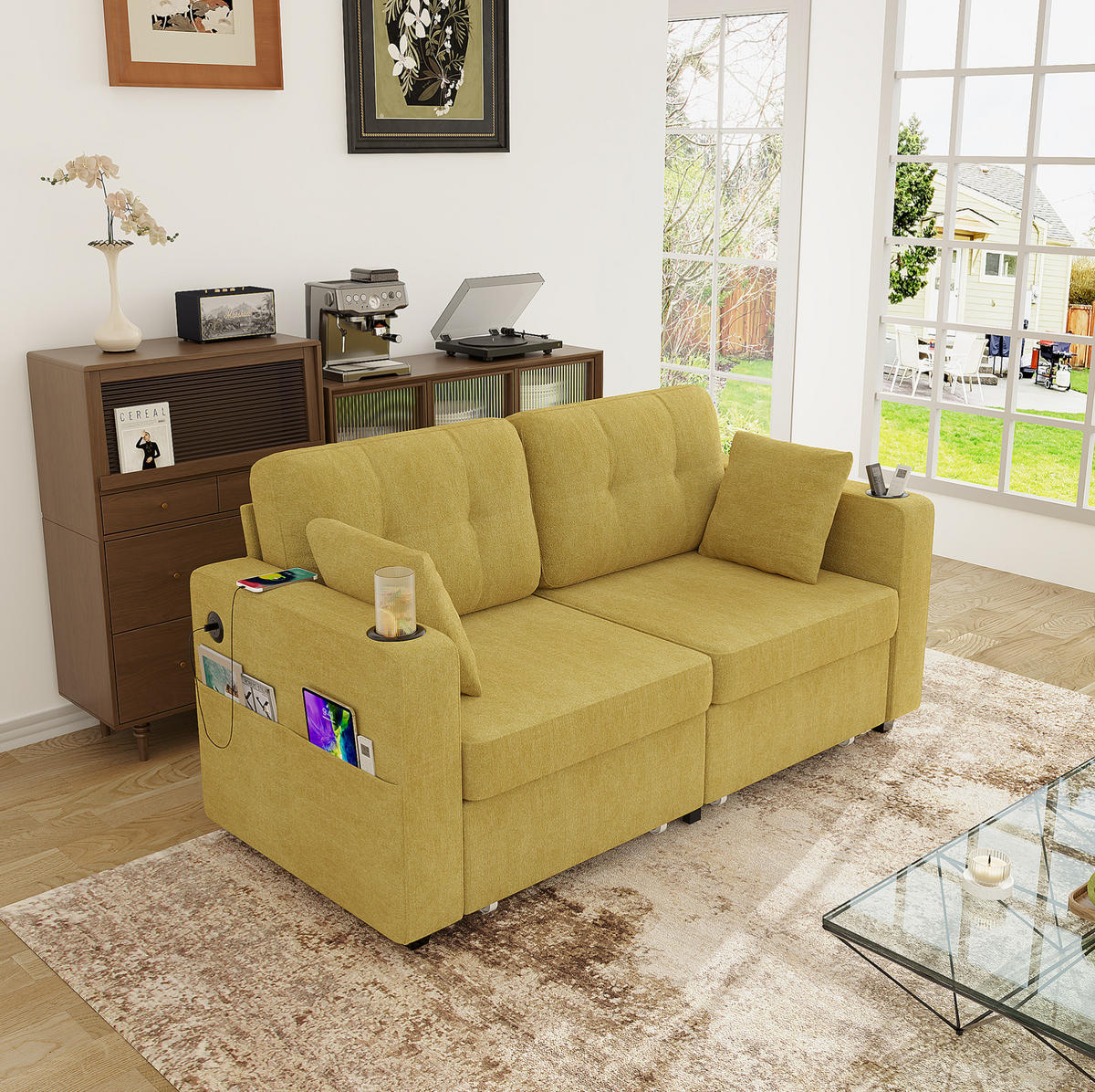 2-SITZER-SOFA aus Chenille 172x75x82 cm in Senfgelb mit USB & Stauraumschubladen - Gelb, Textil (75/82/172cm) - Modfu