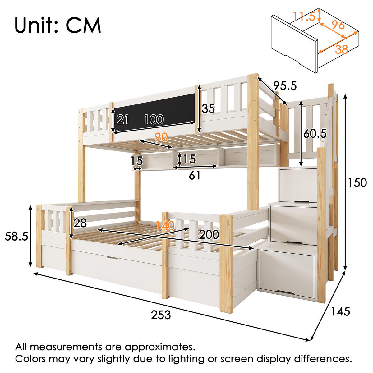ETAGENBETT 90/200 cm Weiß aus Holz mit Kreidetafel und Stauraumtreppe - Weiß, Holzwerkstoff (90/200cm) - OKWISH