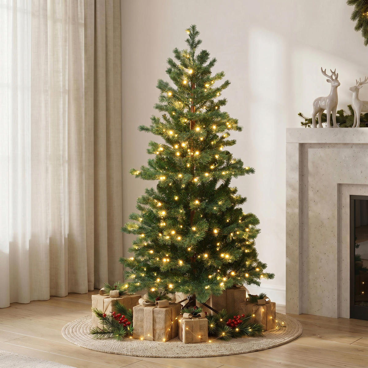 WEIHNACHTSBAUM 150 cm mit Beleuchtung, 1.068 PE-/PVC-Spitzen，250 LEDs - Grün, Kunststoff (150cm) - Hometopia