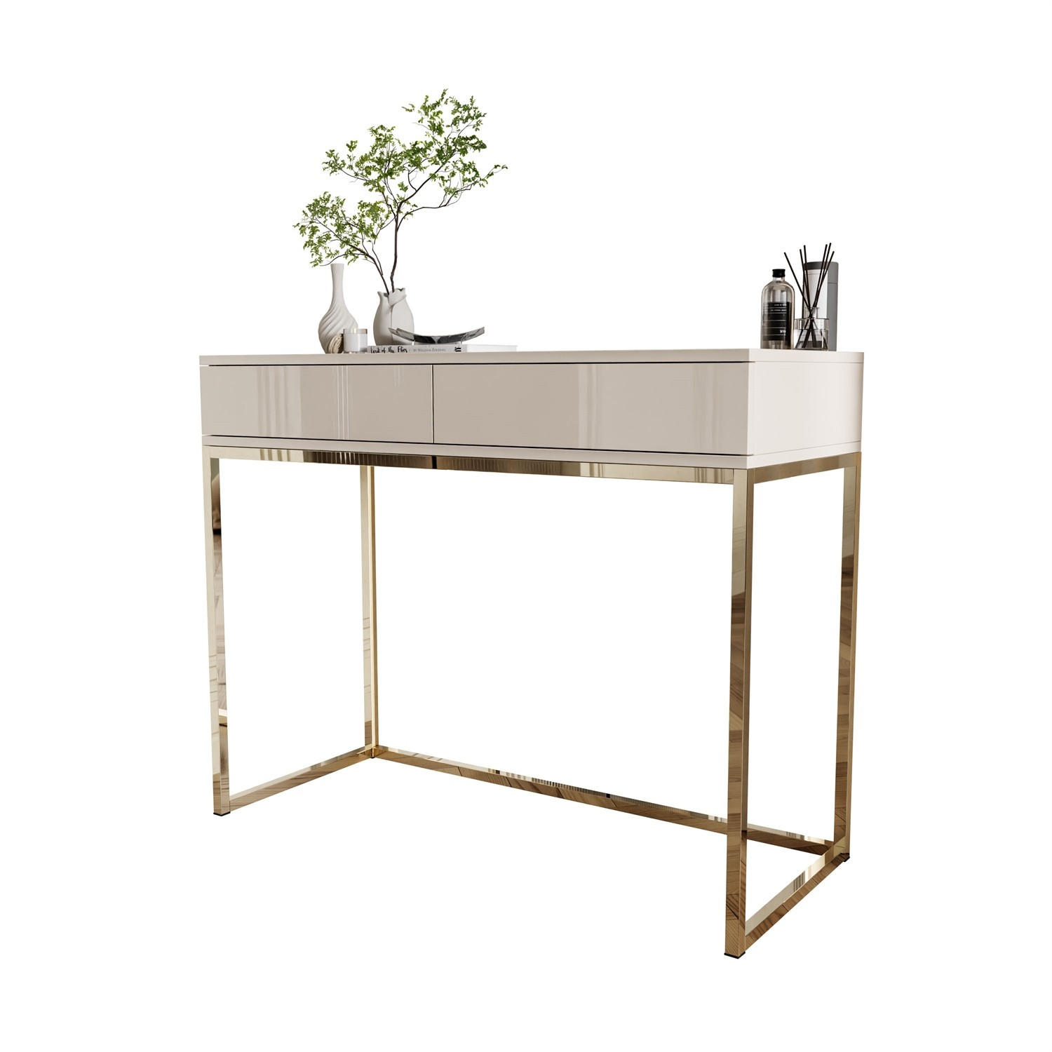 KONSOLE Glamour auf goldchrom Gestell PUSH OPEN - Kaschmir/Goldfarben, Holzwerkstoff (100/81/42cm) - Lookway