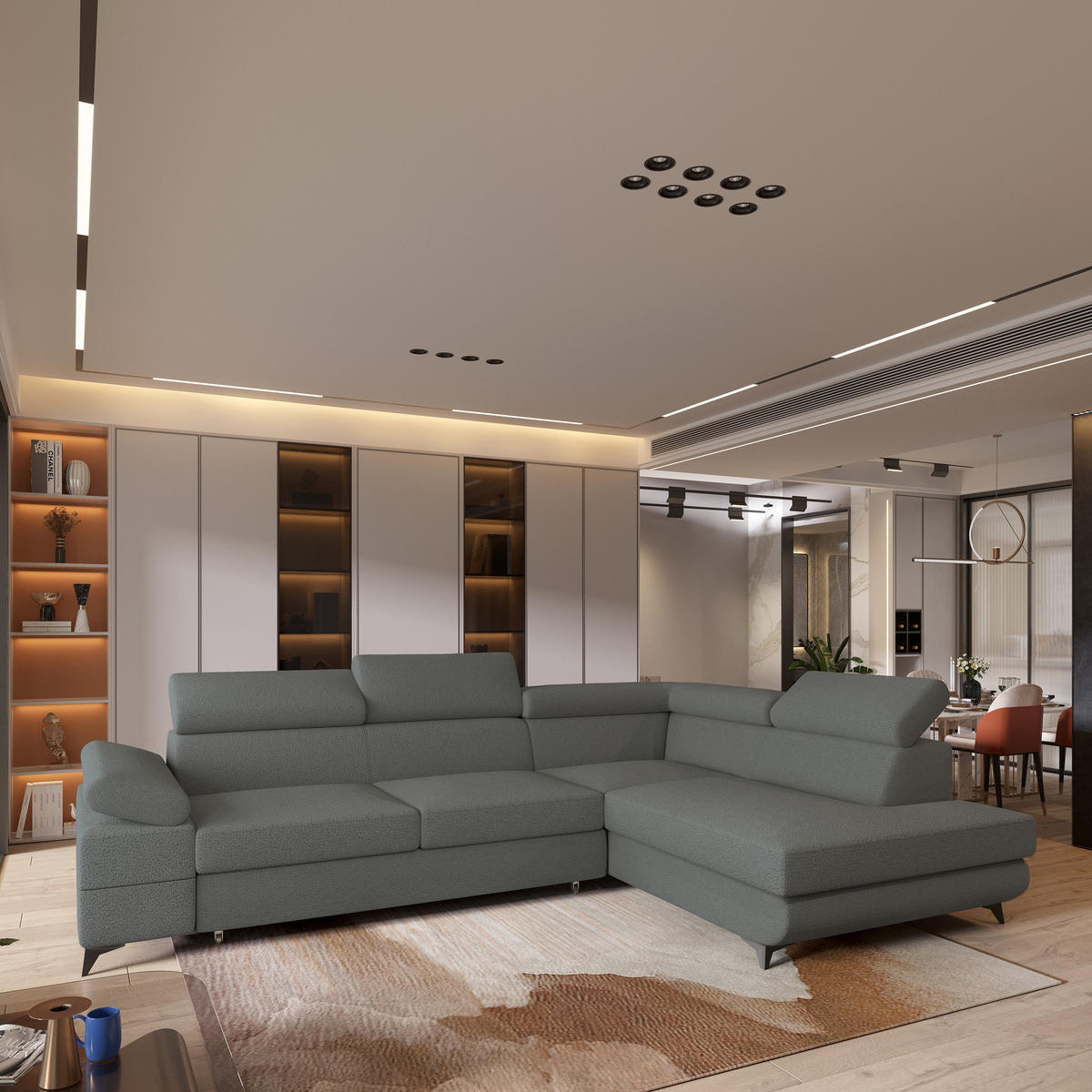 ECKSOFA FAVIEN R-S Grau Boucle-Stoff mit Schlaffunktion - Grau, Holz (257/190cm) - MASSENO