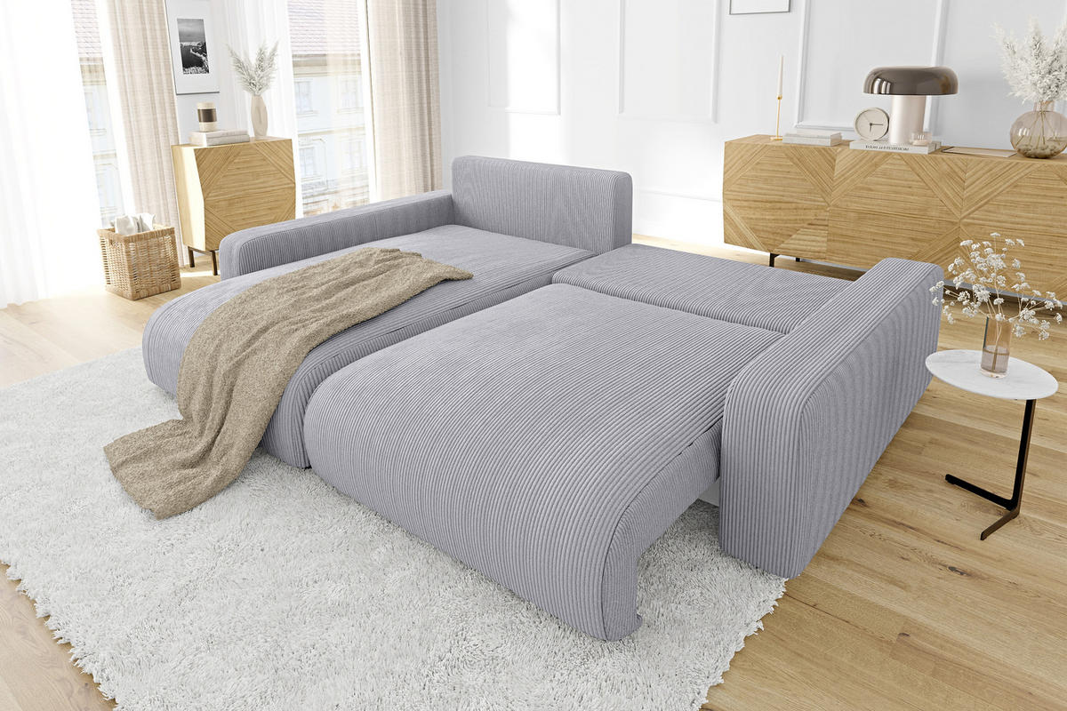 ECKSOFA Emma Hellgrau Cord - Ottomane links - Hellgrau, Textil (234/170cm) - S-Style Möbel