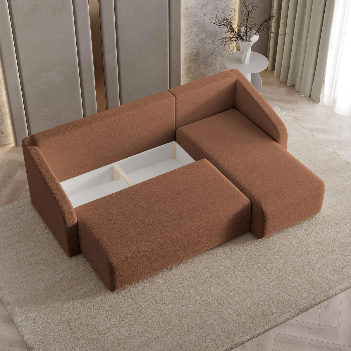 ECKSOFA MARELLO Kupferfarben Boucle-Stoff mit Schlaffunktion - Kupferfarben, Holz (220/143cm) - MASSENO