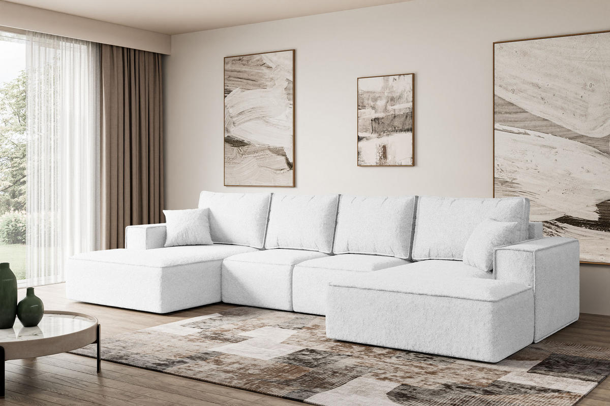 WOHNLANDSCHAFT mit Schlaffunktion und Bettkasten SIERRA-U-S - 349x161x87 cm Weiß Bouclé - Schwarz/Weiß, Holzwerkstoff/Kunststoff (349/87/161cm) - ALTDECOR