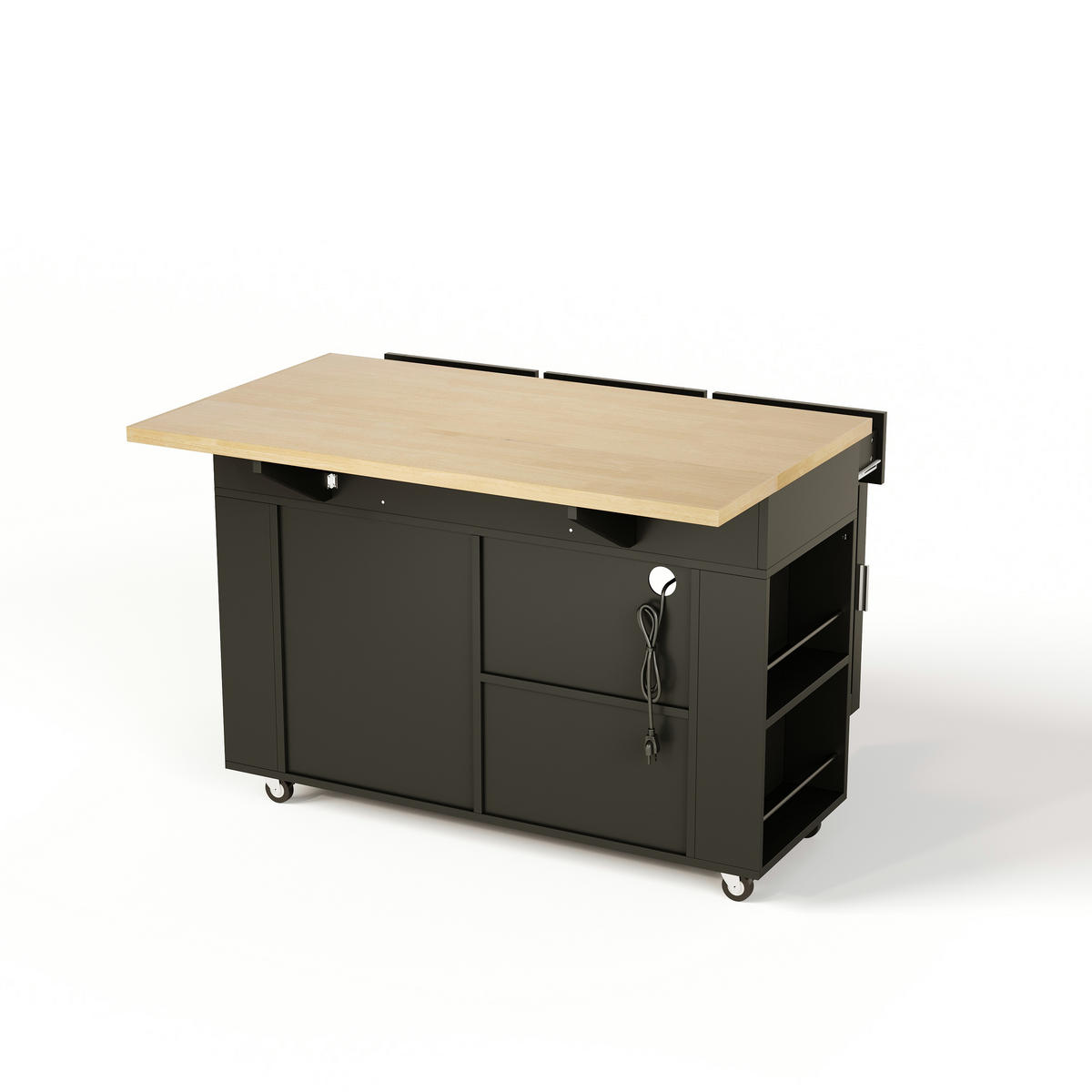 KÜCHENINSEL 84 cm MDF Natur Schwarz mit Klappbarer Arbeitsplatte und USB-Steckdose - Schwarz, Holzwerkstoff (70/84/120cm) - Korfee
