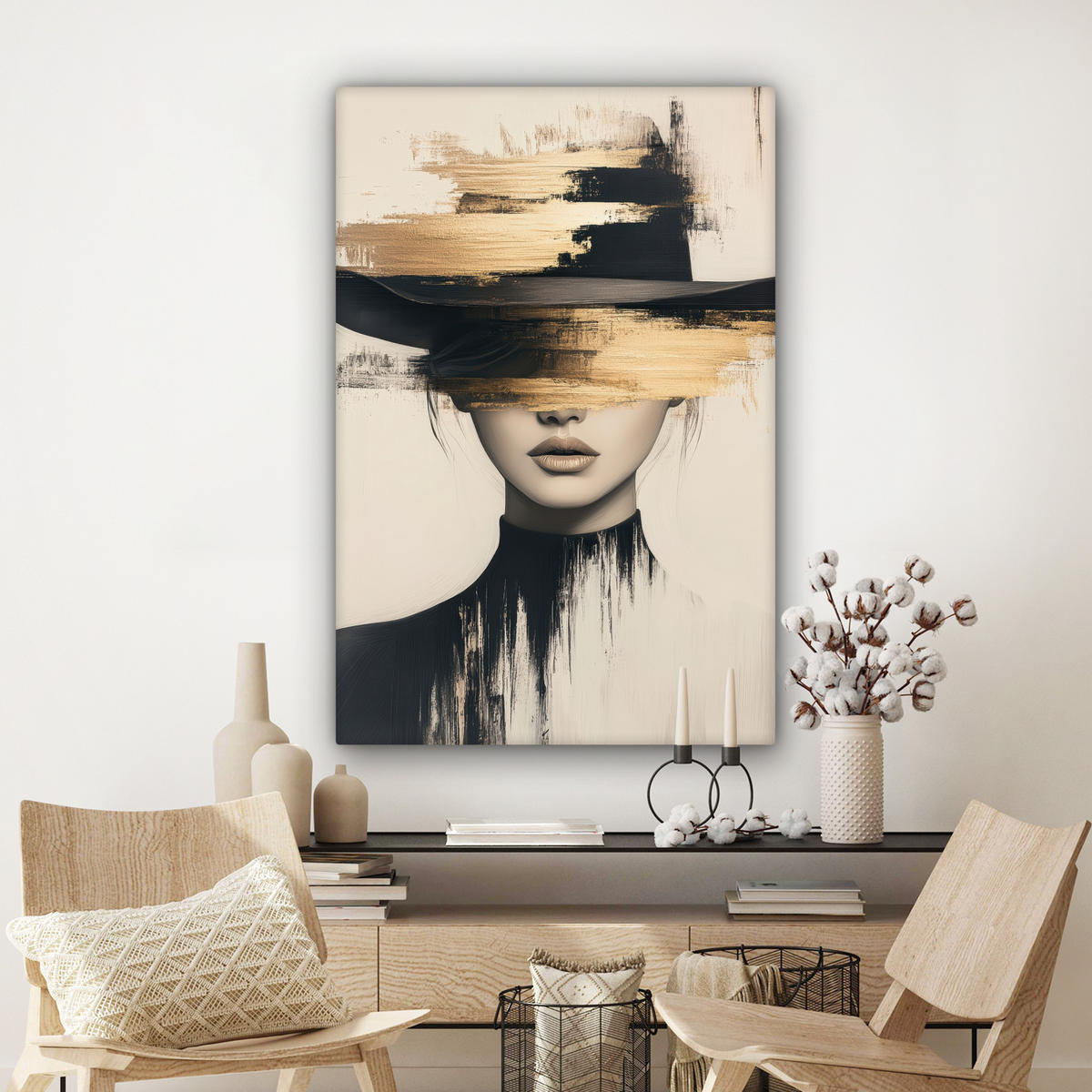 LEINWANDBILD Frau - Hut - Farbe Deko Groß 90x140 cm - Goldfarben, Textil (90/140cm) - MuchoWow