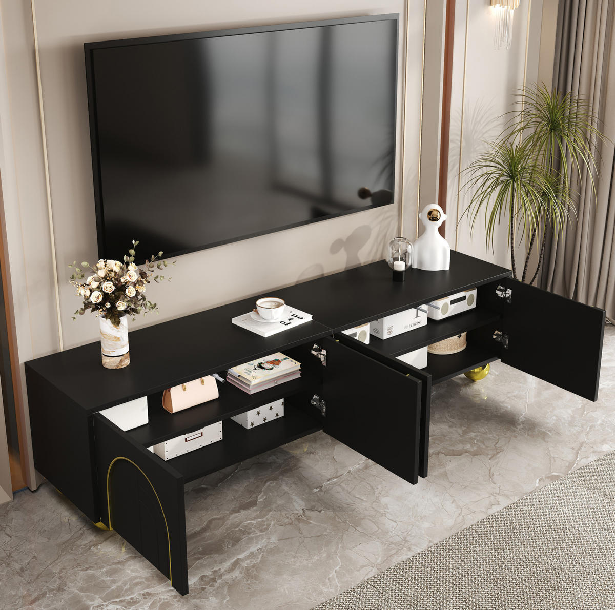TV stolek 170/38/44 cm ze dřevotřísky se 4 dvířky, push-to-open a tlumenými panty, černá - černá, kompozitní dřevo (170/44/38cm) - Redom