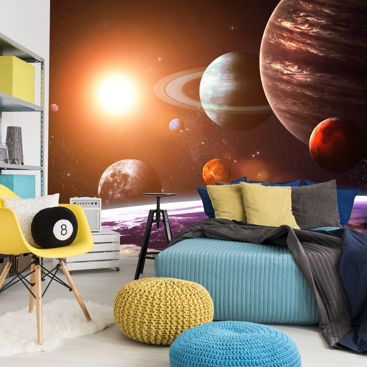 FOTOTAPETE für Büro Sonnensystem Planeten Blick Sterne 350x256 - Gelb/Violett, Papier (350/256cm) - Muralo