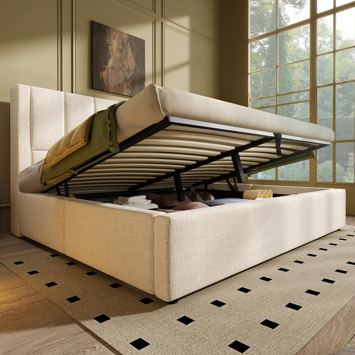 POLSTERBETT 160/200 cm mit Ladestation, verstecktem Becherhalter und hydraulischem Bettkasten, Beige - Beige, Textil (160/200cm) - Redom