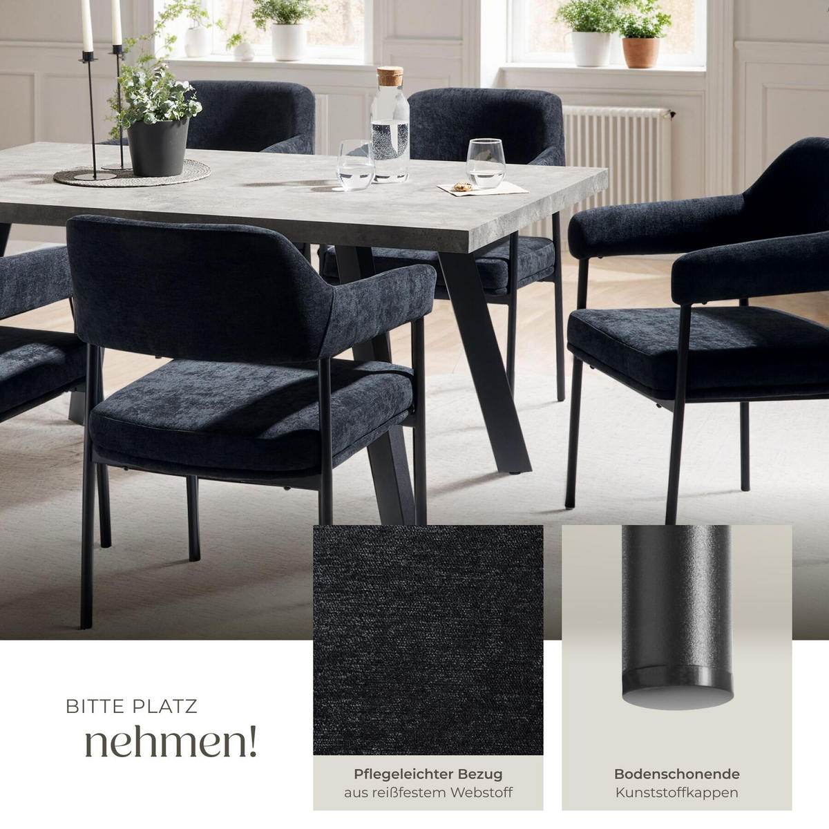 ARMLEHNSTUHL 6er Set Doé 58 x 62 x 85 cm Webstoff schwarz/schwarz - Schwarz, Textil (58/85/62cm) - tectake