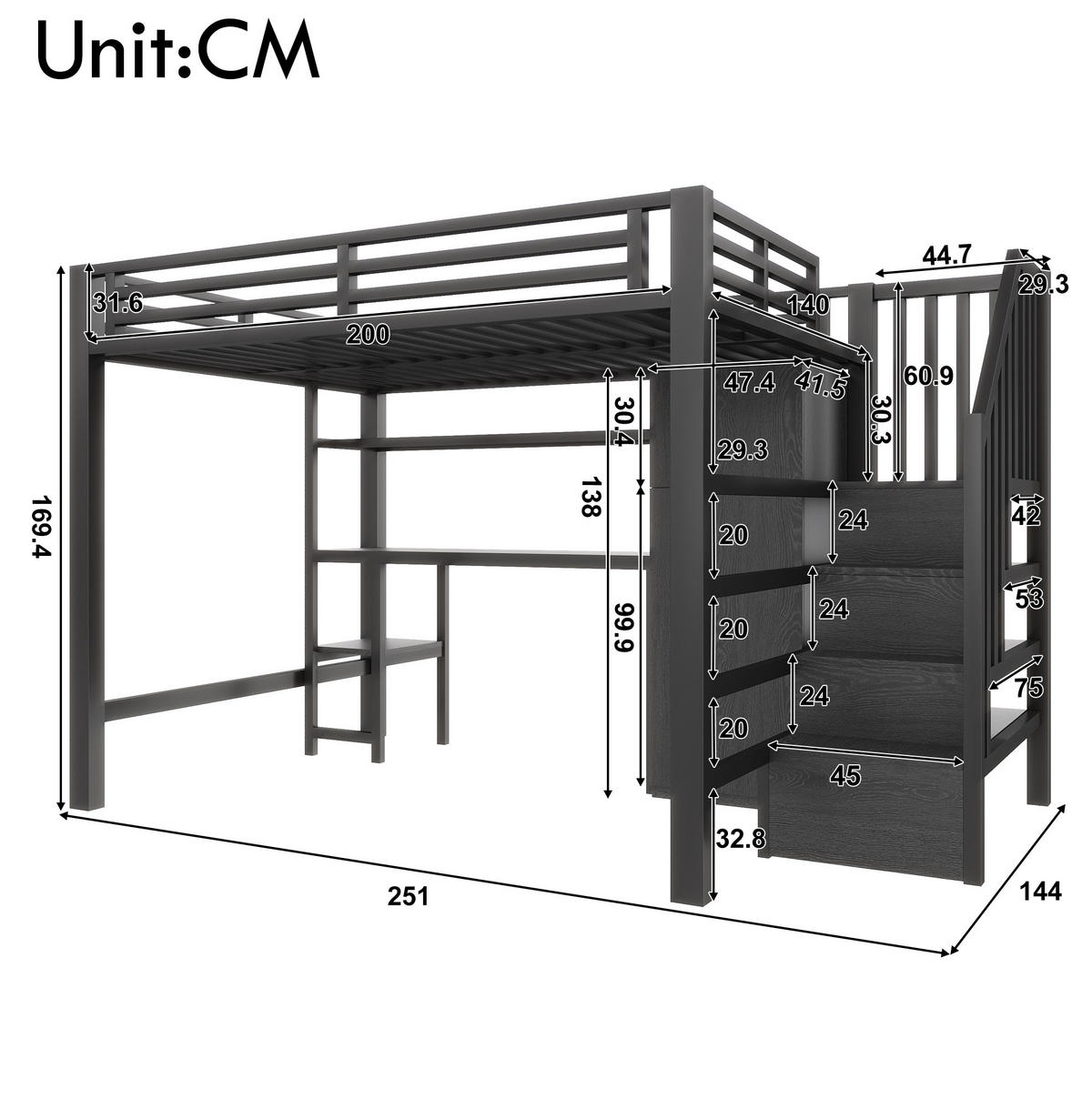 PATROVÁ postel 140/200 cm černá z kovu a MDF s psacím stolem - černá, kompozitní dřevo (140/200cm) - OKWISH