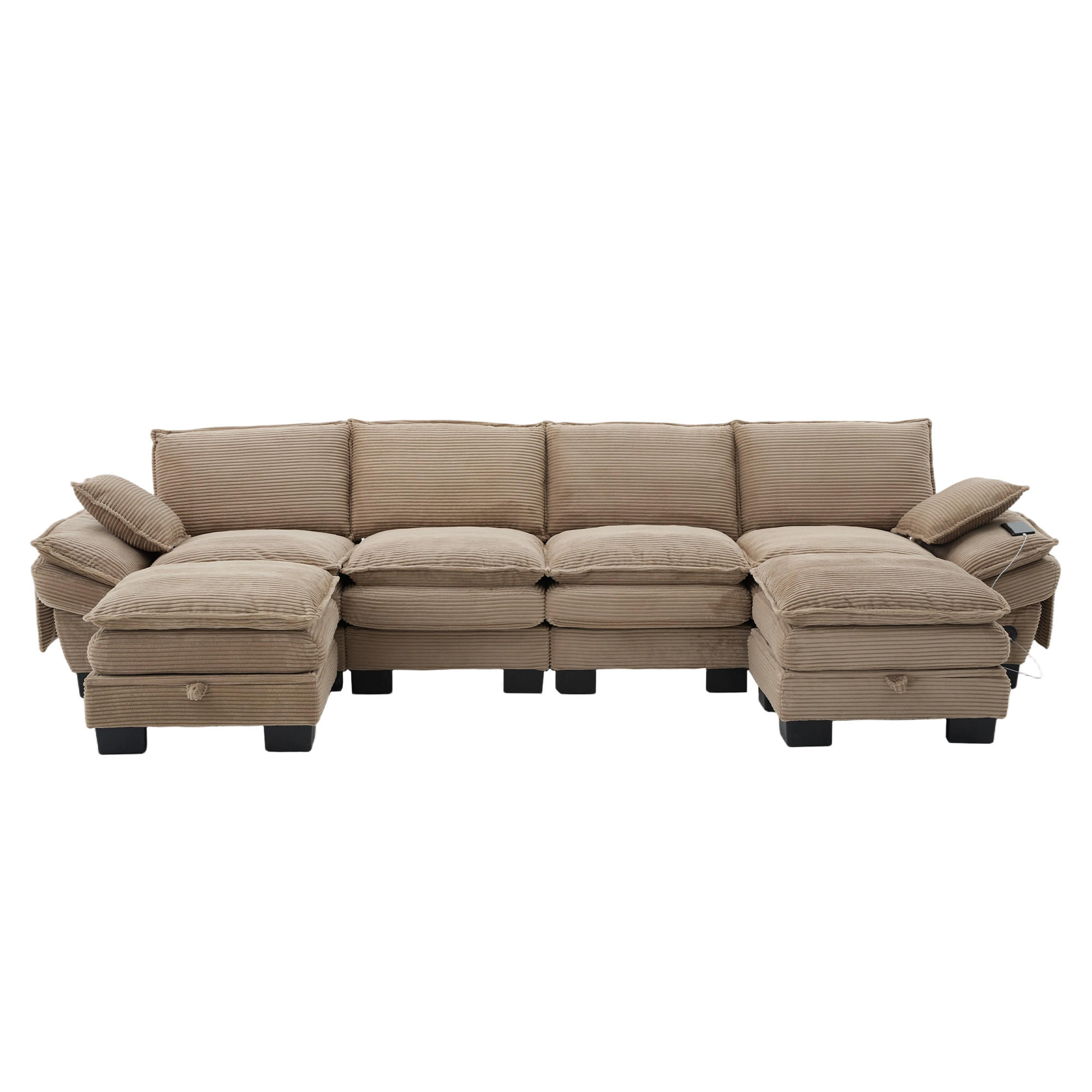 WOHNLANDSCHAFT Cord Khaki mit USB-C, Seitentaschen und 2 Hockern - Hellbraun, Holzwerkstoff/Kunststoff (330/84/132cm) - WISHDOR