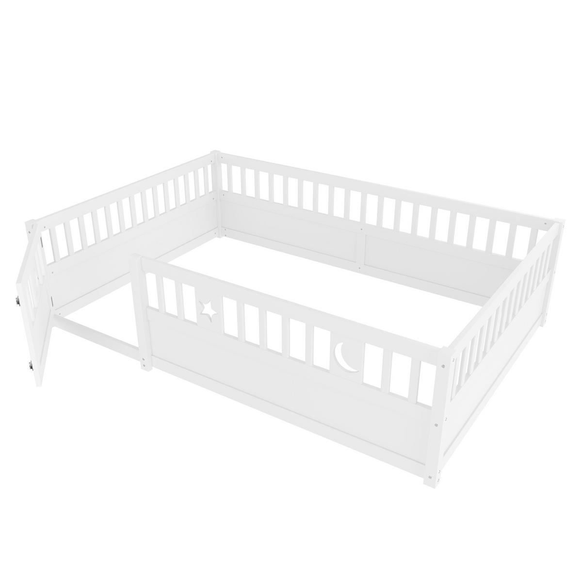 KINDERBETT aus Kiefer 140x190 cm Weiß mit Sicherheitsgitter, Zauntür mit Schloss und Stern-Mond-Dekor - Weiß, Holzwerkstoff (140/190cm) - Modfu