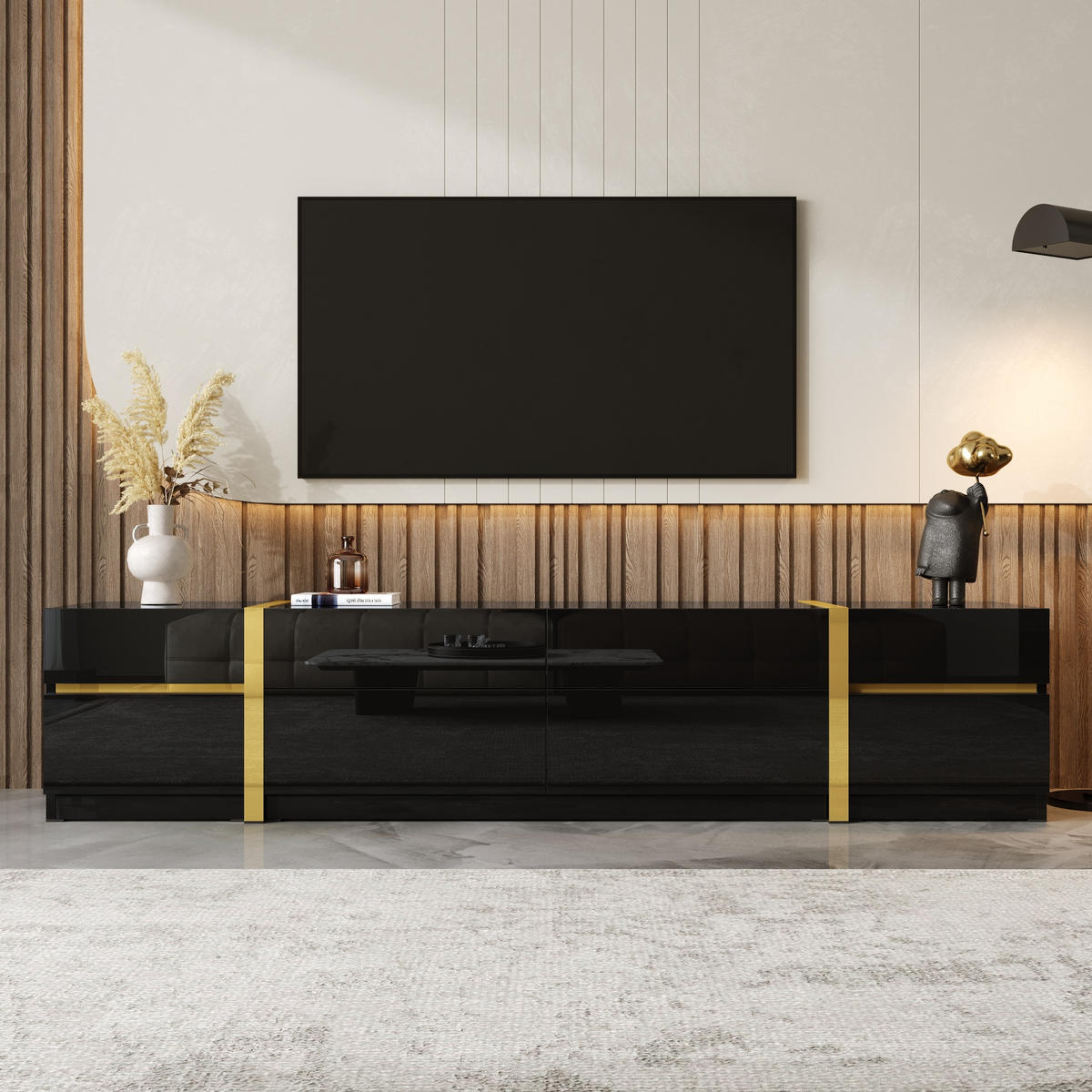 TV-SCHRANK Lowboard Hochglanz Goldkante Türen Schubladen - Schwarz, Holz (180/38/40cm) - LEBENLANG