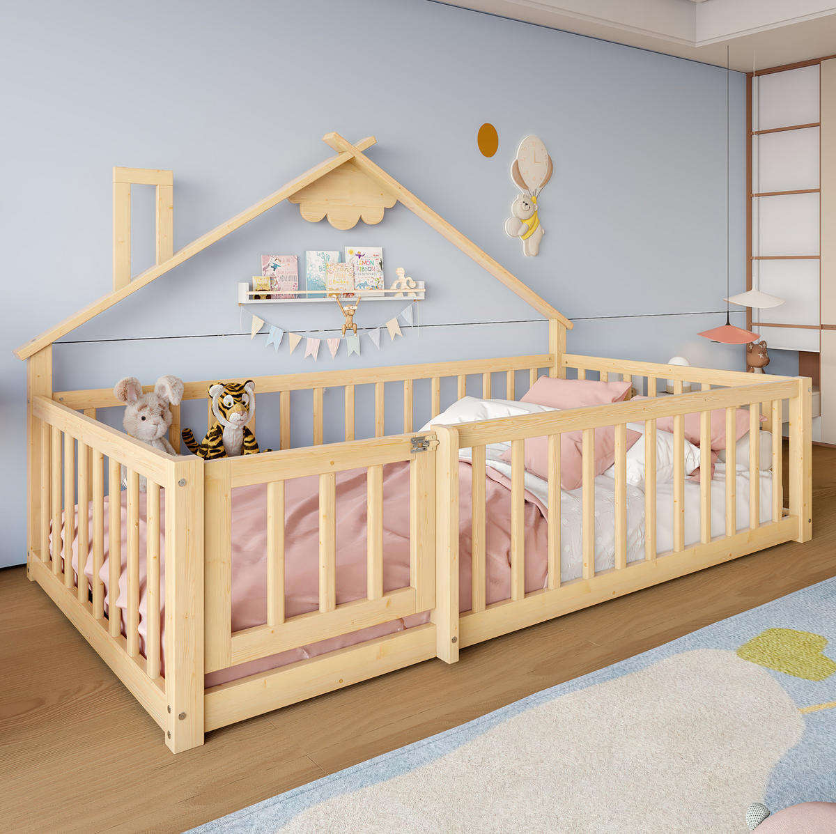 FLACHBETT 90/190 cm Natur Kiefernholz mit Geländer und Schloss - Naturfarben, Holz (90/190cm) - OKWISH