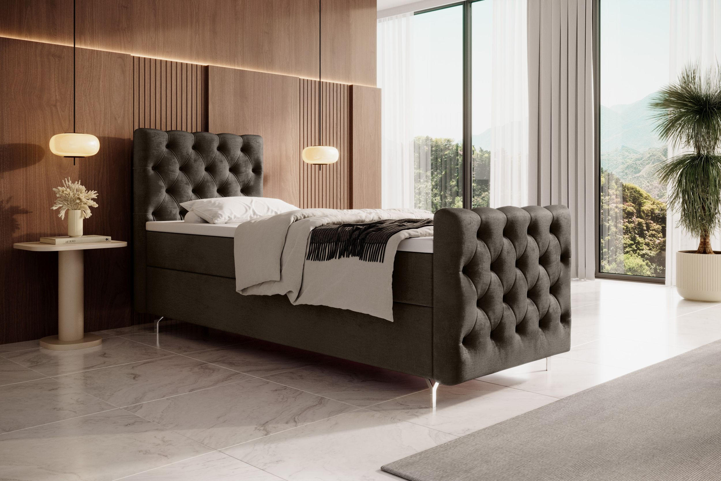BOXBETT CHESTER PLUS mit Matratze H3, Bonell und Topper 90x200 Monolith 15 Links - Braun, Textil (90/200cm) - Bedante