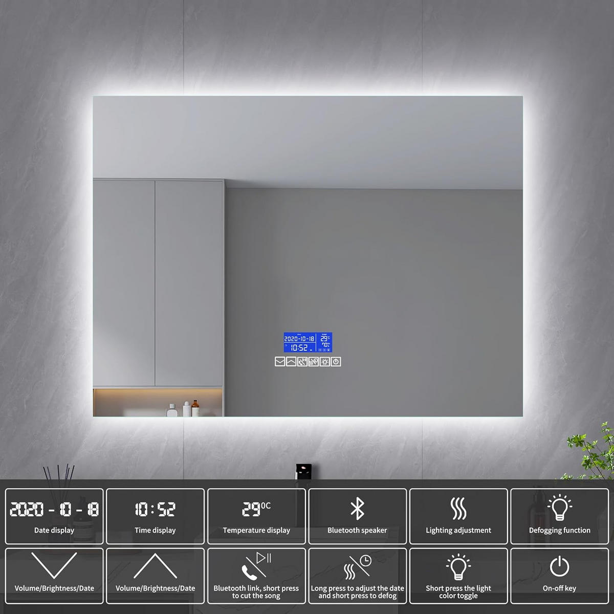 BADEZIMMERSPIEGEL mit LED, Rechteck 60 x 140 cm, Anti-Beschlag, Temperaturanzeige und 3 Anpassbare Helligkeit - Transparent, Glas (140/4/60cm)