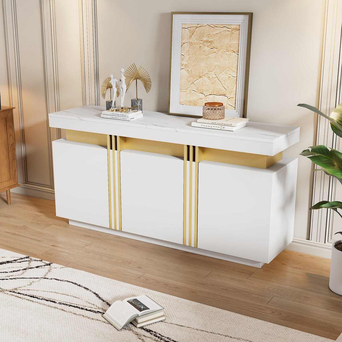 SIDEBOARD, 3 Türen, Verstellbar, Grifflose Fächer, Weiß, 140x38x70cm - Weiß, Holzwerkstoff (38/70/140cm) - FLIEKS