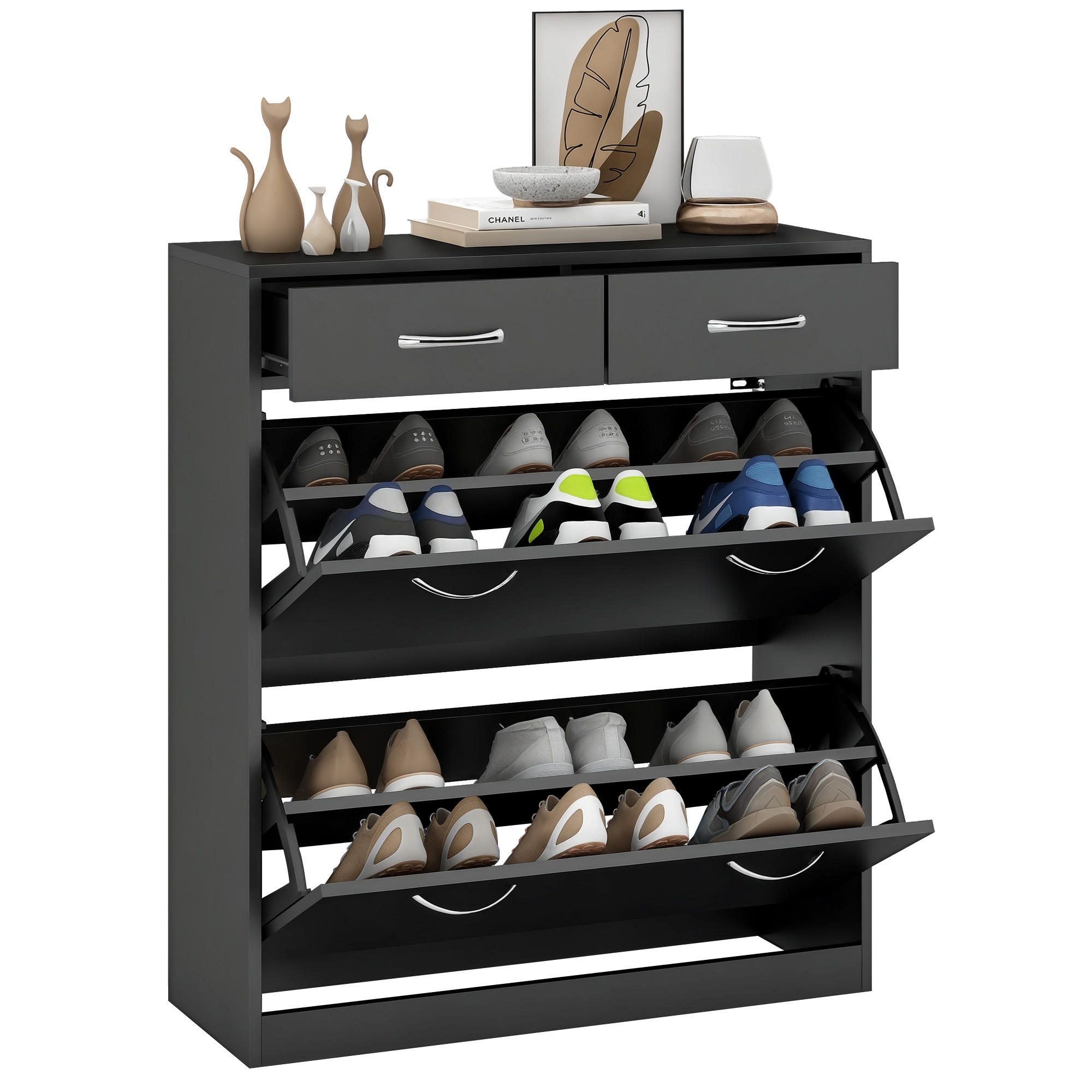 SCHUHSCHRANK Schwarz Holzwerkstoff mit Fächern und Schubladen 1 Stück - Schwarz, Holzwerkstoff (80/91.5/30cm) - PANGIVO