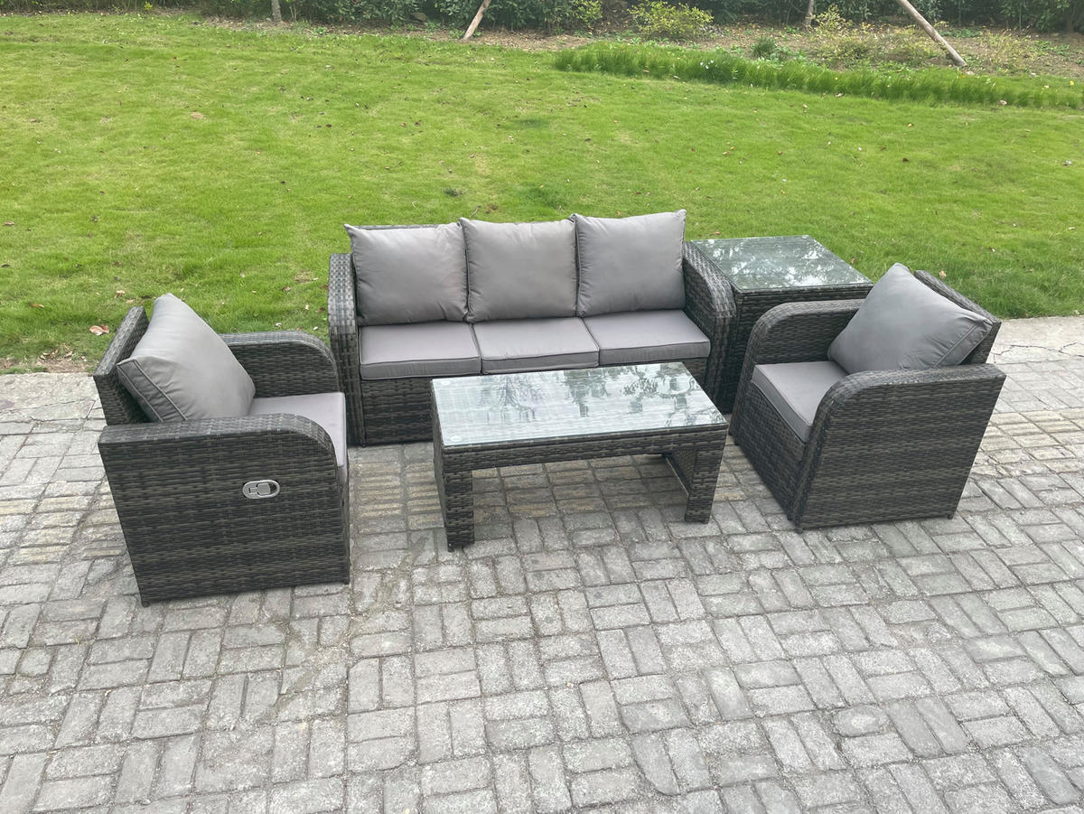 GARTENSOFA SET mit LIEGESTUHL Polyrattan 5-Sitzer Dunkelgrau - Dunkelgrau/Grau, Glas/Kunststoff - Fimous
